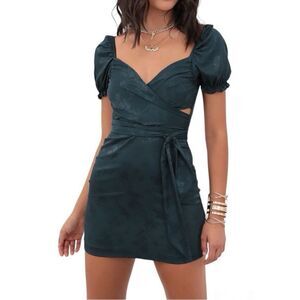 Lucy in the sky Miley Puff Sleeve Wrap Dress in Green Satin and Floral | size L